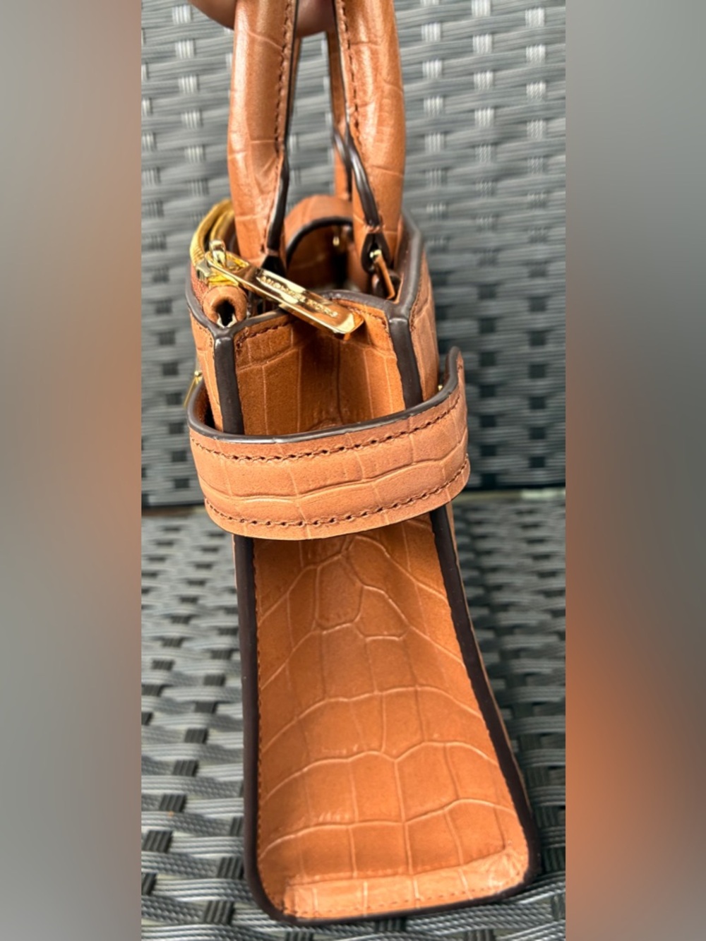 Michael Kors Cognac Croc-Embossed Top-Handle Satchel with Gold Hardware - Picture 4 of 11